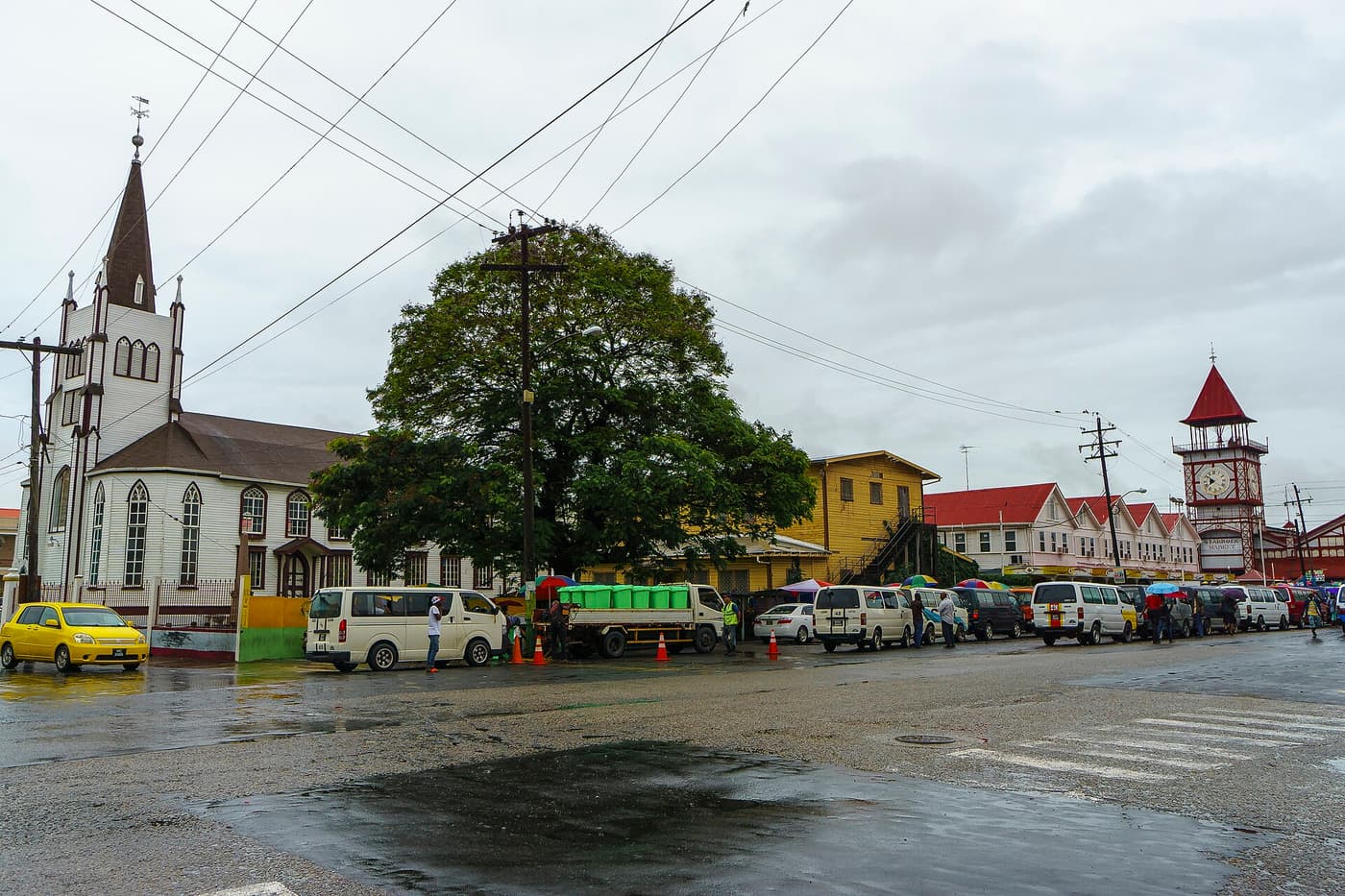 St Andrew’s Kirk and the distant Stabroek Market clock tower on a rainy day