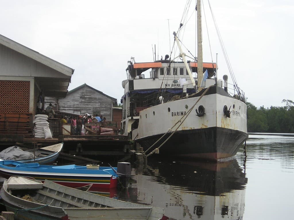 The coastal steamer MV Barima moored at a wharf in the north-west
